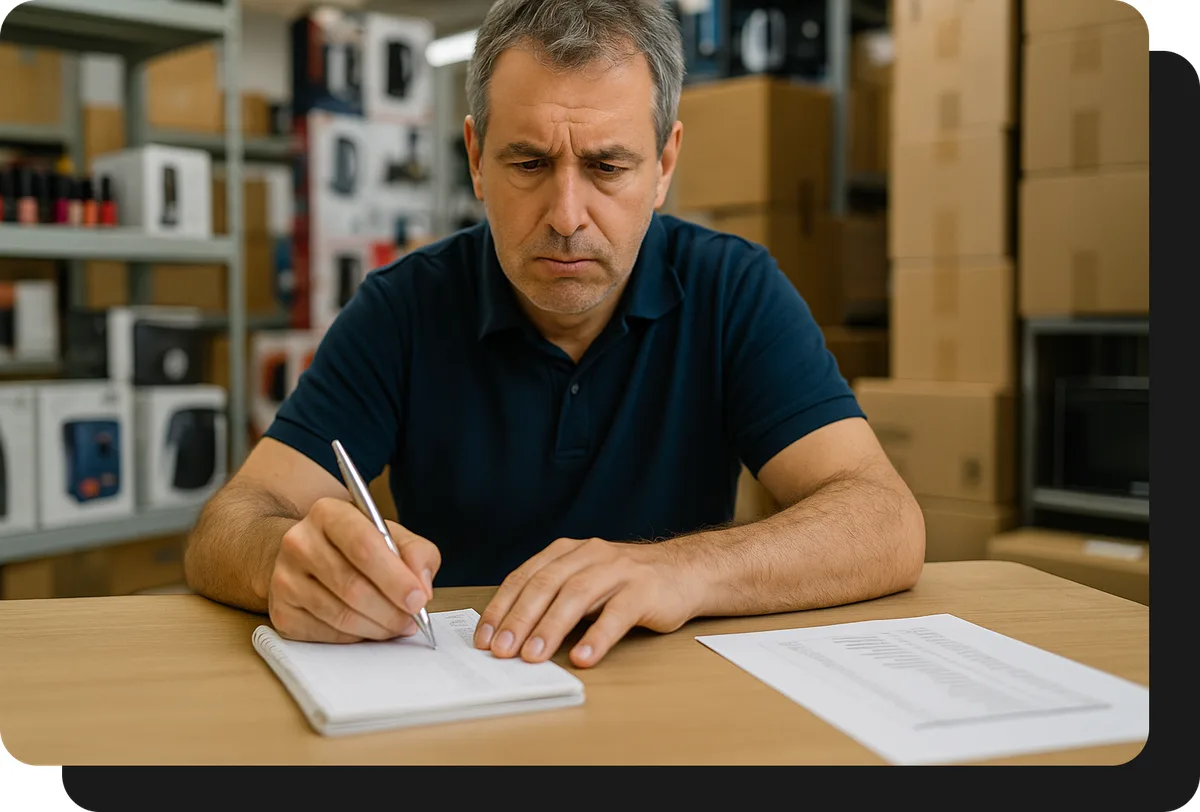 Mayorista de tecnología y electrodomésticos tomando pedido a mano sin ventasxmayor.cl