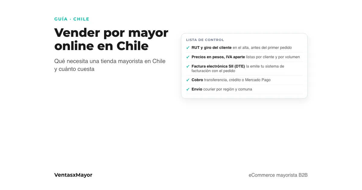 Portada: lista de control de una tienda mayorista en Chile: RUT del cliente, precios con IVA (19 %) aparte, factura electrónica (DTE), cobro y envío
