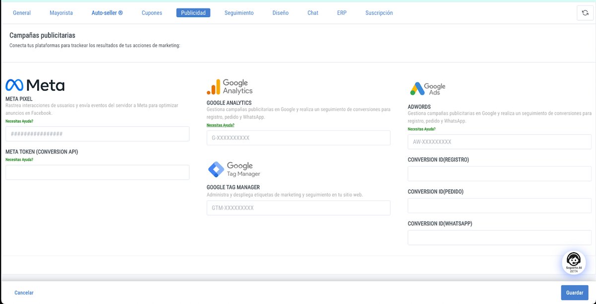 Panel de configuración de GA4 en VentasxMayor