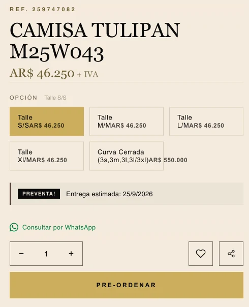 Ficha de una camisa importada en preventa dentro de una tienda mayorista de indumentaria: precio mayorista más IVA, precio por talle, curva cerrada de 3S, 3M, 3L y 3XL, fecha de entrega estimada y botón Pre-ordenar