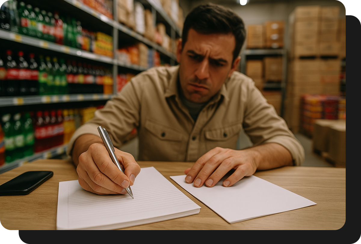 mayorista de alimentos y bebidas tomando pedido a mano sin ventasxmayor.cl
