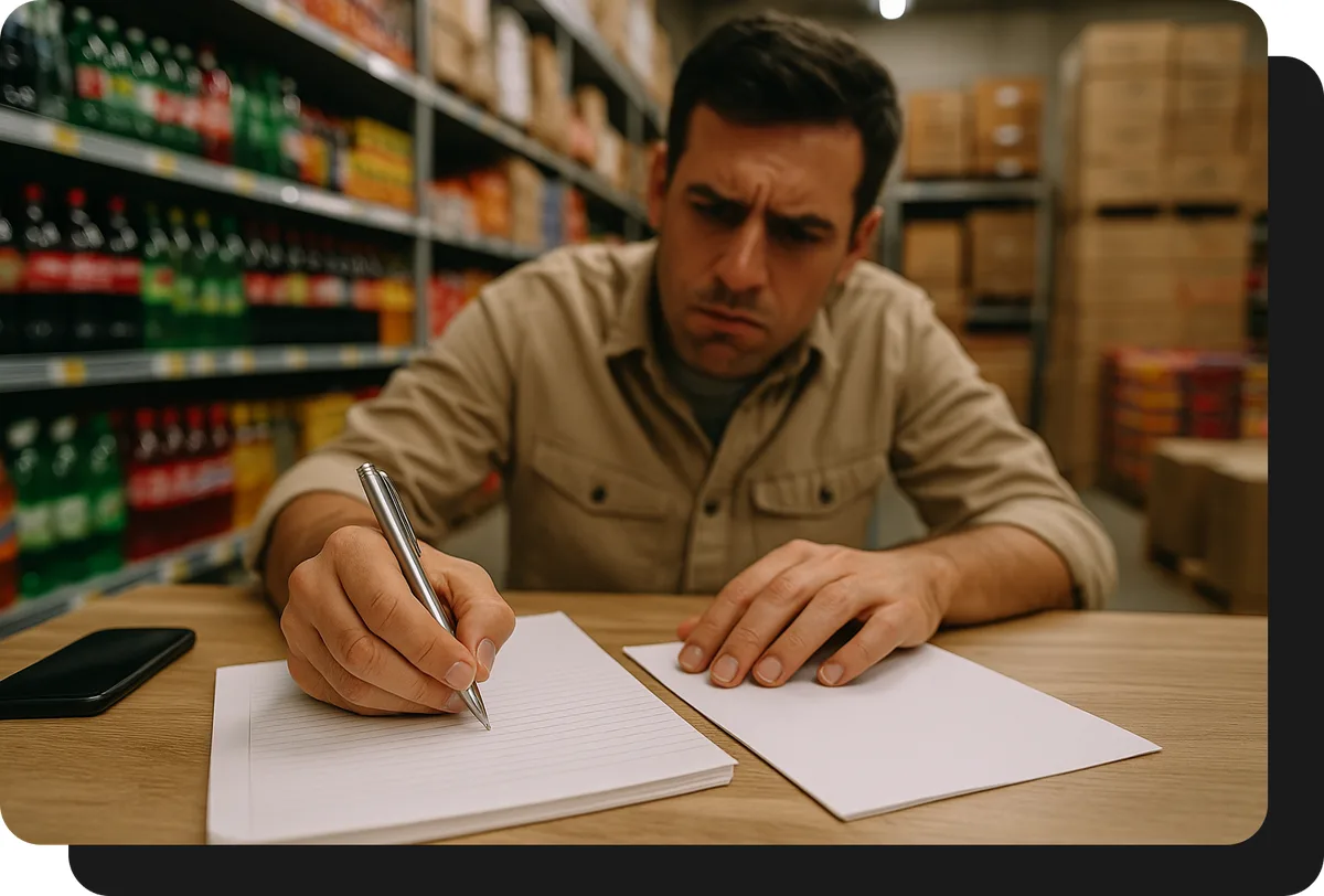 mayorista de alimentos y bebidas tomando pedido a mano sin ventasxmayor.cl