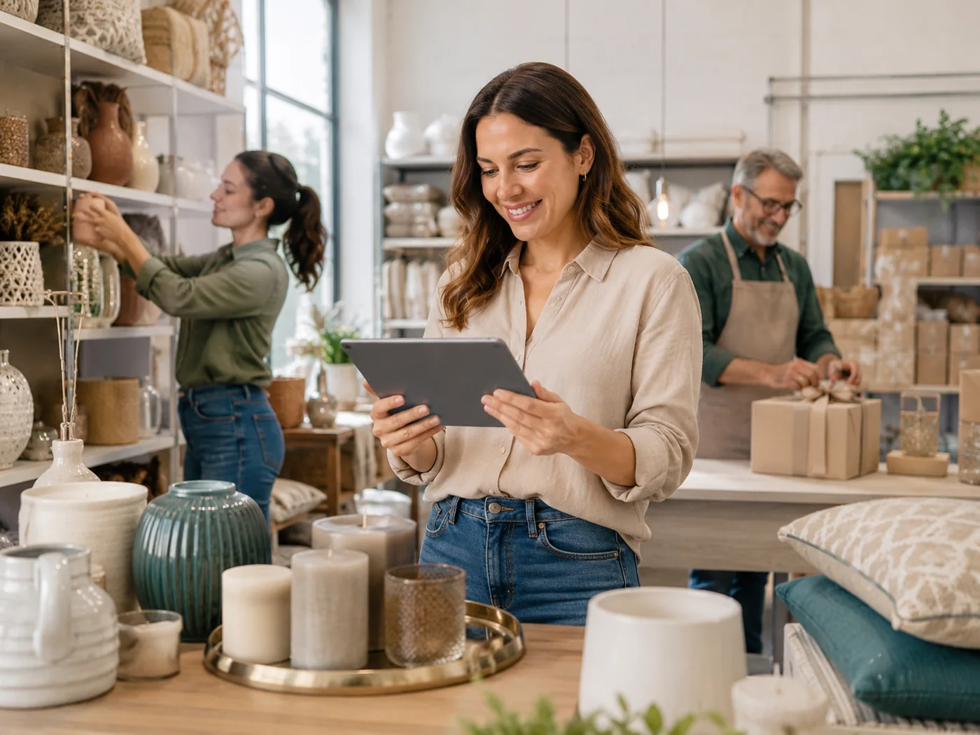 Equipo de una distribuidora de bazar y decoración trabajando con notebook y tablet en el showroom